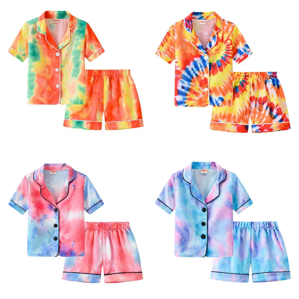 INS Pigiama per bambini Set Pigiama sfumato moda Vestito Estate Ragazzi Ragazze Stampa tie-dye Pantaloncini a maniche corte Home Out Set due pezzi pigiameria per studenti GG6214J1