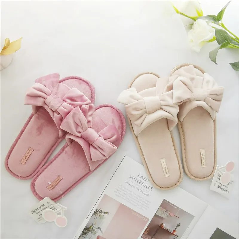 Flocking Bow Knot Fish Mouth Home Sandals Slippers Floor Shoes High Quality Elegant Can Wear Non-slip Comfortable Home Slippers Y0406