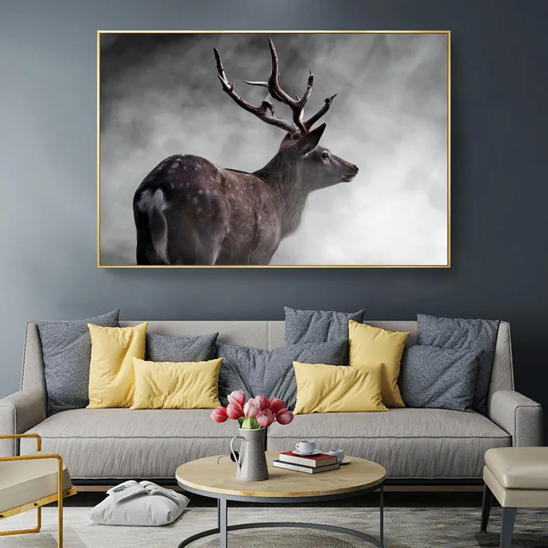 抽象的な鹿ポスターとプリントキャンバス絵画動物の火の煙の壁アートの写真リビングルームの家の屋内装飾