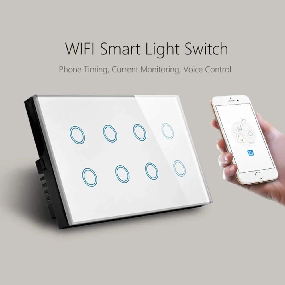 Wifi Akıllı Dokunmatik Işık Duvar Anahtarı Kesik Cam Panel 8 Gang 147 * 86mm Tuya App SmartLife Alexa Google Home ile Uyumlu