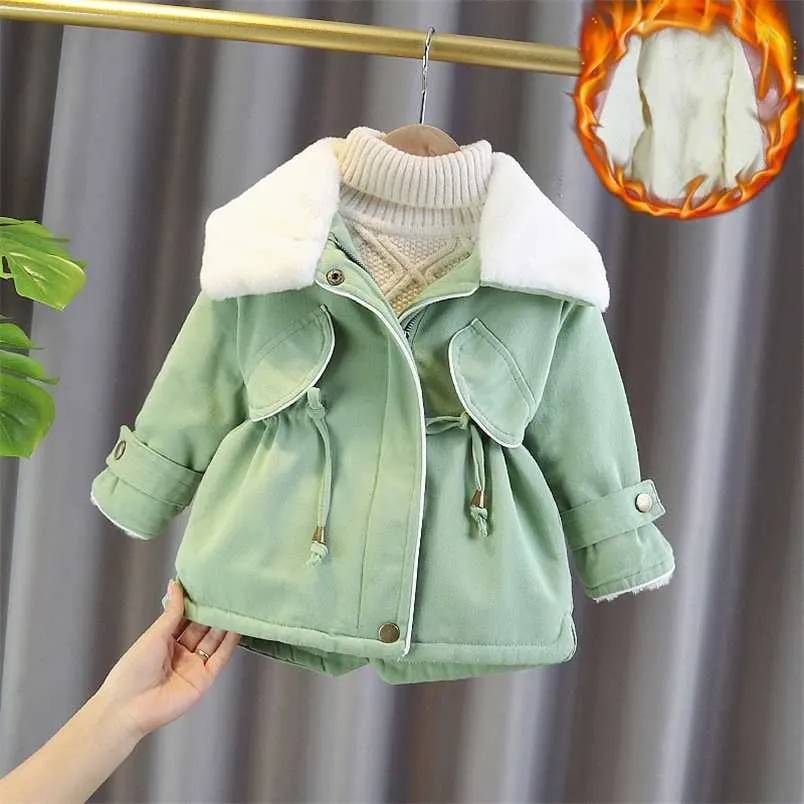 2-6 Years Old Kids Girls Winter Coat Faux Fur Collar Big Lapel Drawstring Fashion Children Snowsuit Windproof Girl Overcoat 211203