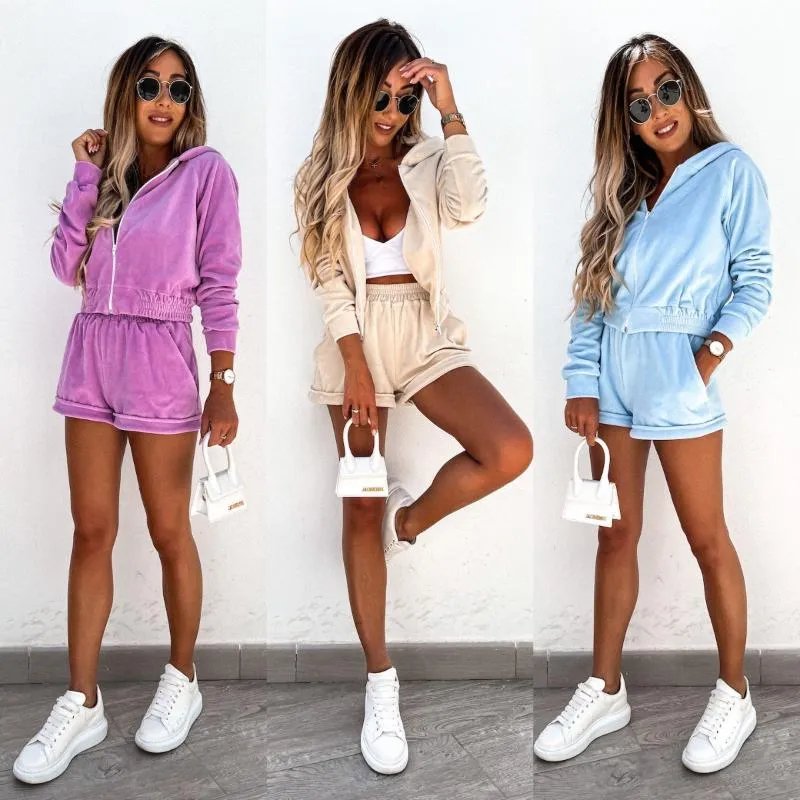 Kvinnors Tracksuits 2 stycken Set Kvinnor Fall Outfits Långärmad Fast Färg Zip Up Hoodie + Wide Leg Shorts for Music Festival Dating