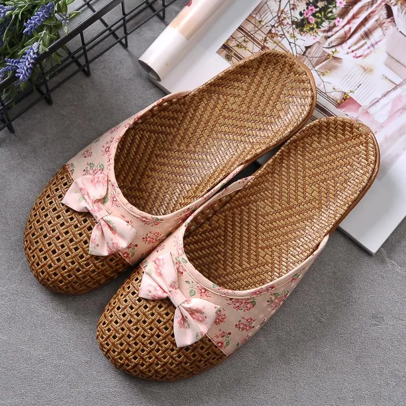 Pantoufles en lin pour femmes, diapositives décontractées, chaussures d'intérieur en lin avec nœud Floral, sandales d'été, tongs Zapatillas De Mujer