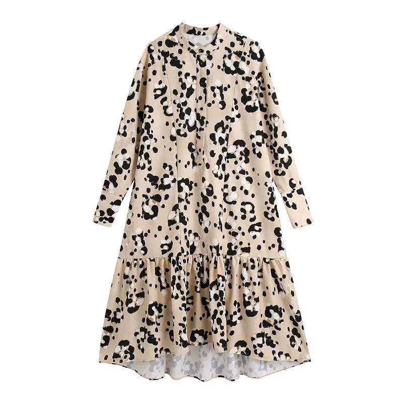 Evfer Women Vintage Leopard Pirnt Hm Autumn Loose Long Dresses Female Casual Sleeve O-Neck High Waist Sprint Shirt Dress 210421
