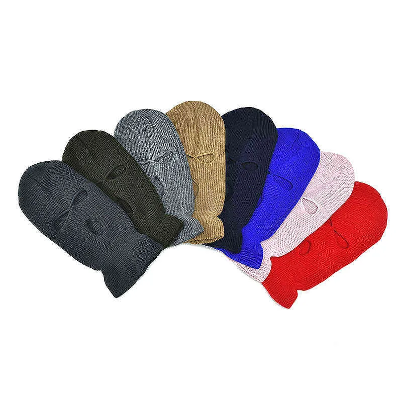 Moda Nowości Ski Maska Dzianiny Twarzy Pokrywa Zimowa Maska Full Face Dla Zima Odkryty Sport Zima Trzy 3 Dziura Balaclava Knit Kapelusz Y21111