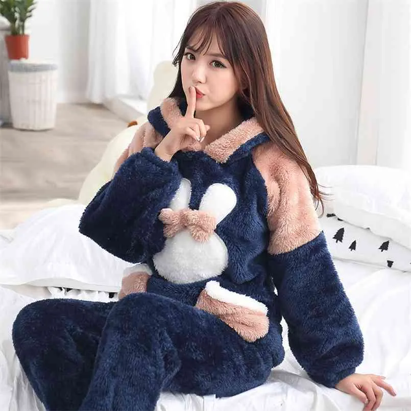 Pajama Rabbit Dorosłych Zwierząt Piżama Zestaw Zima Gruba Ciepła Flanel Pijamas Mujer Pielenia śmierek Anime Custeres Home Night Wear 210809