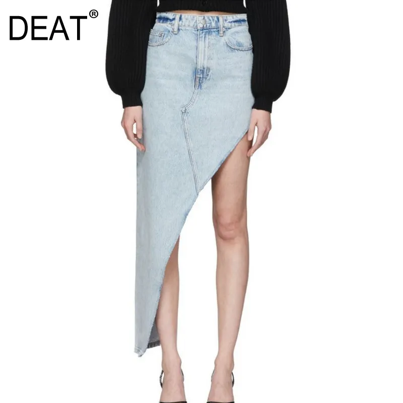 Vår och sommar mode Runway Styles Kvinnor Kläder Ljus Denim Asymmetrisk Ficka Halfbody Kjol WL57305L 210421