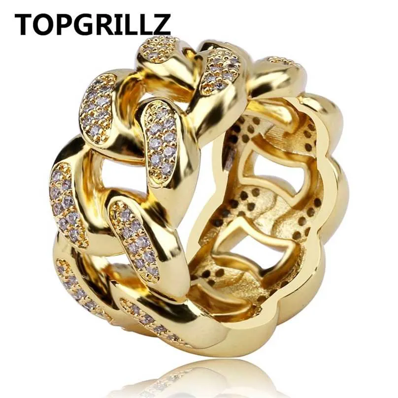 TOPGRILLZ Cuban Link Chain Ring Men's Hip Hop Gold Color Iced Out Cubic Zircon Jewelry Rings 7 8 9 10 11 Five Size 211217