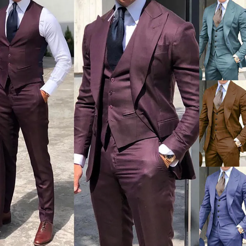 Traje clásico marrón 2020 para hombre, esmoquin de 3 piezas con solapa de pico, trajes de boda para padrinos de boda, conjunto de chaqueta de negocios a la moda para hombre