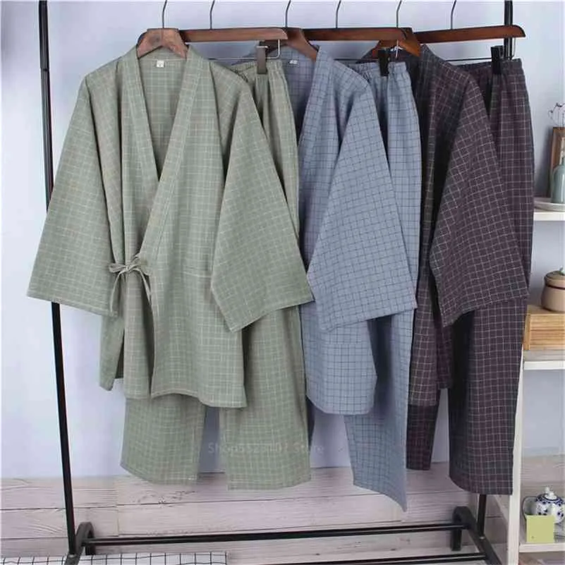 Japanese Style Pajamas Cotton Linen Stripe Bathrobe Homewear Sleep Yukata for Adult Summer Thin Robe Clothing Pant Set 210330