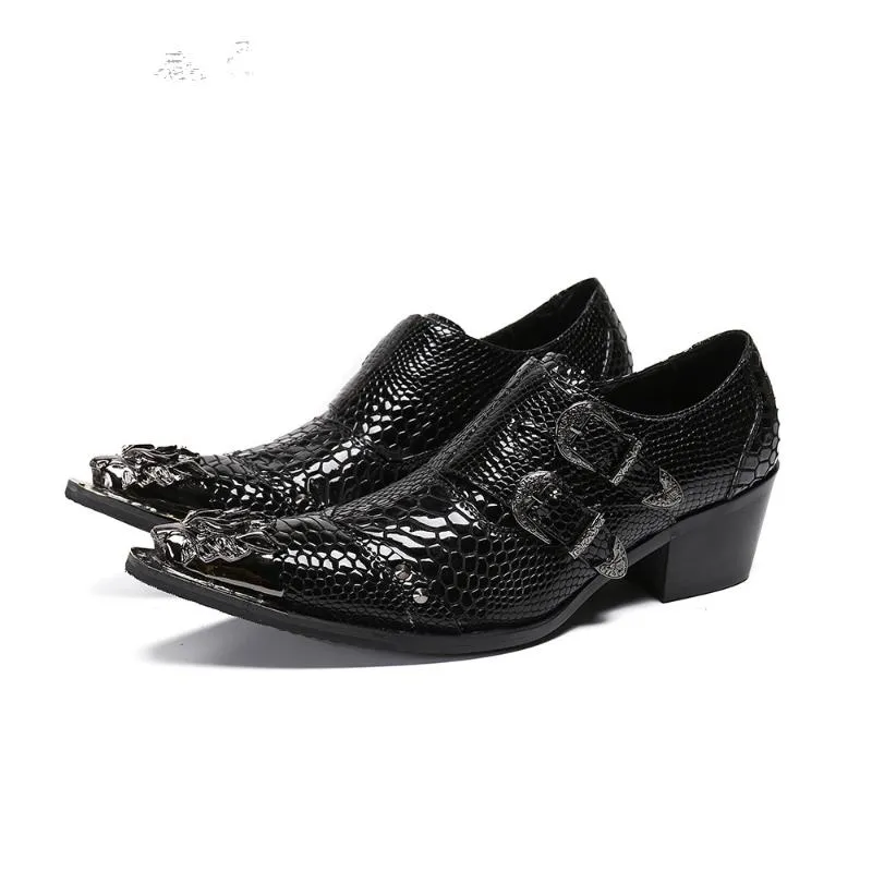 Buty oryginalne skórzane stalowe stalowe palce wysokie obcasy sukienka męska formalna elegancka podwójna klamra Sapato Masculino Wedding Man