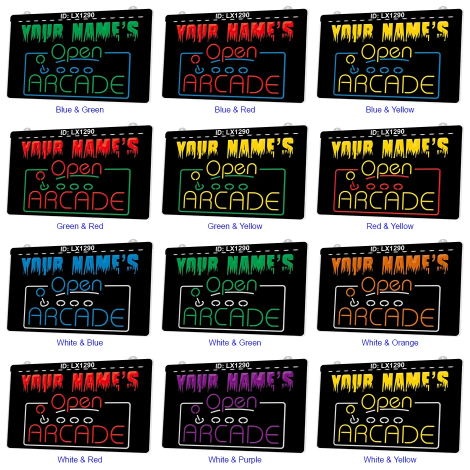 LX1290 Your Names Open Arcade Game Room Lichtschild, zweifarbige 3D-Gravur