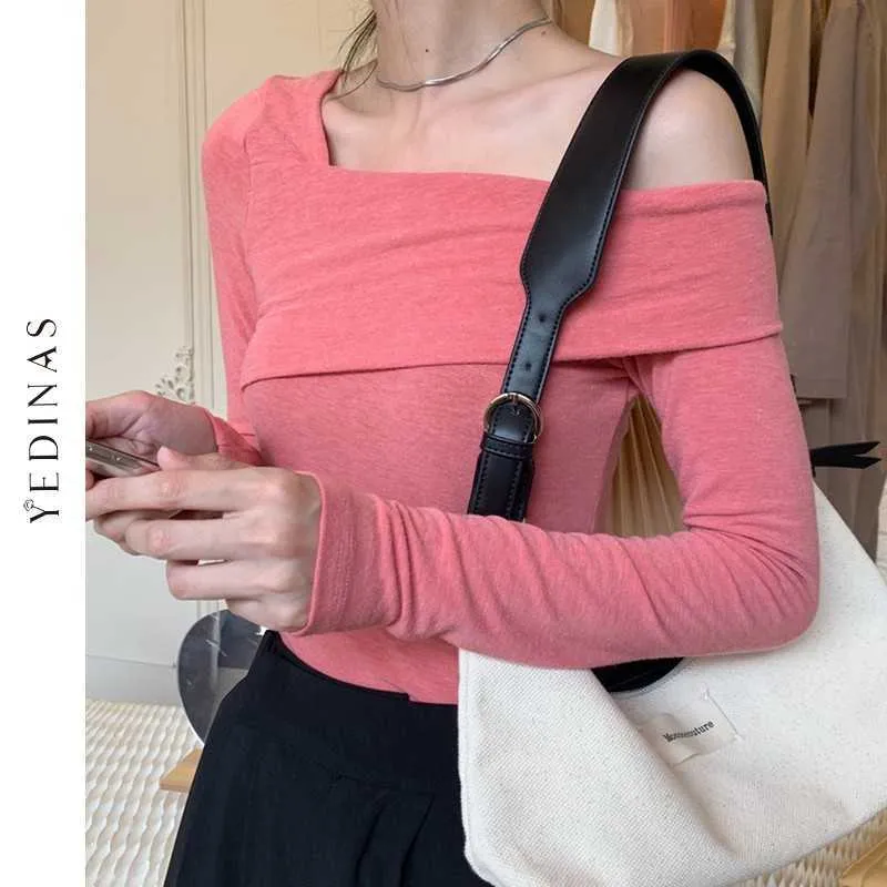 Yedinas Elegant T Shirt Women Sexy One Off Shoulder Long Sleeve T-shirt Harajuku Female Tshirts Chic Vintage Slim Lady Tee Tops 210527