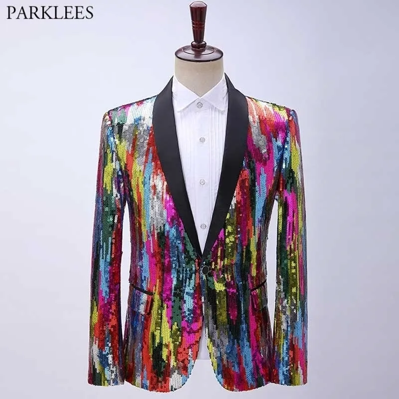 Shiny Rainbow Sequin Shawl Collar Suit Jacket Mannen Bling Glitter Nachtclub Prom Blazer Jas Mannelijke Stage Kleding Voor Zangers 2XL 210522