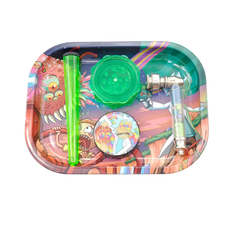 Rick and Morty 5 In 1 Smoking Set Package Includes Plastic Tobacco  Grinder+Metal Smoking Pipe+Tobacco Rolling Tray+Cigarette Storage Sealing  Container+Tobacco Storage Box