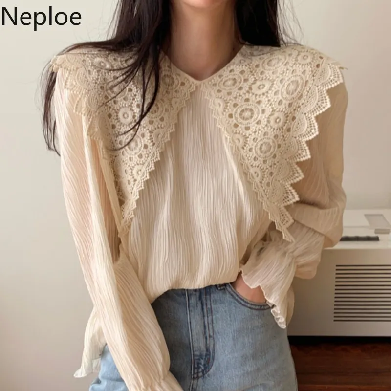 Neploe Blusas Mujer Primavera Sweet Lace Hollow Out Curtir Blusas Colares Mulheres Patchwork Solto Camisas Elegant Selvagem Chiffon Tops 210422