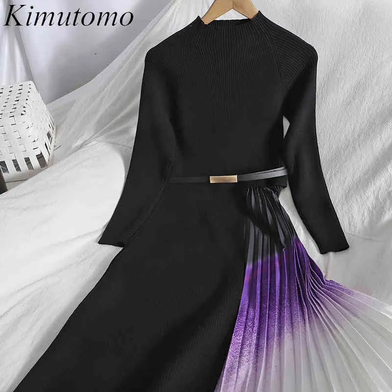 Kimutomo Elegant Patchwork Pleated Dress Women Half Turtleneck Long Sleeve Slim Waist Sashes Knitted Panelled Vestido Fashion 210521