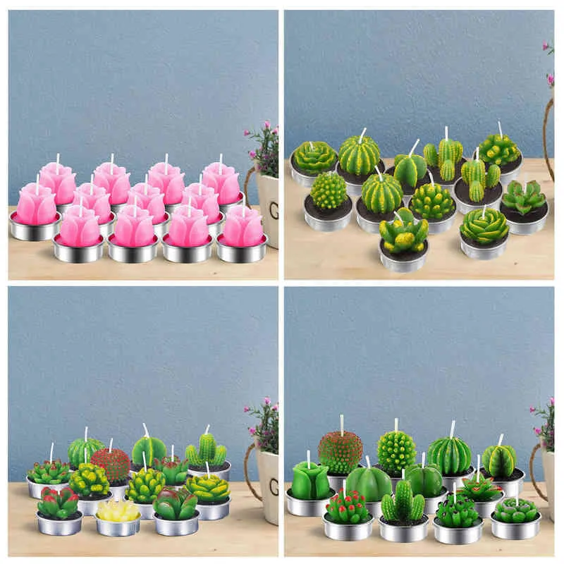 12 stks Valentijnsdag Rose Flower Candle 3D Cactus kaarsen gesimuleerde succulente plantkaarsen Set voor bruiloften Woondecoratie Y211229