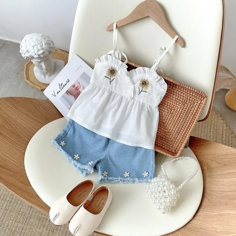 Giyim Setleri Bebek Kız Prenses Takım Elbise Yabancı Stil Çocuk Askı Üst Küçük Papatya Kovboy Şort İki Parçalı Set