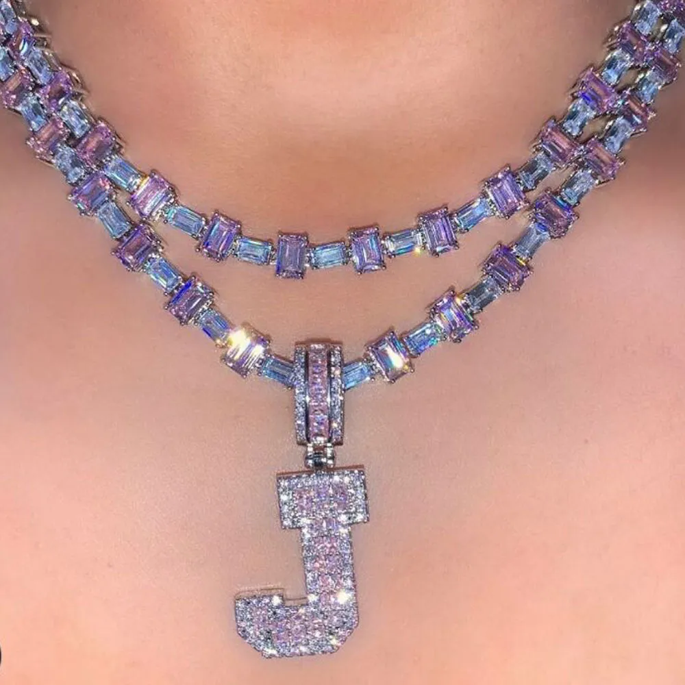 5MM Baguette Silver Pink Tennis Chain Necklace with Clear Cubic