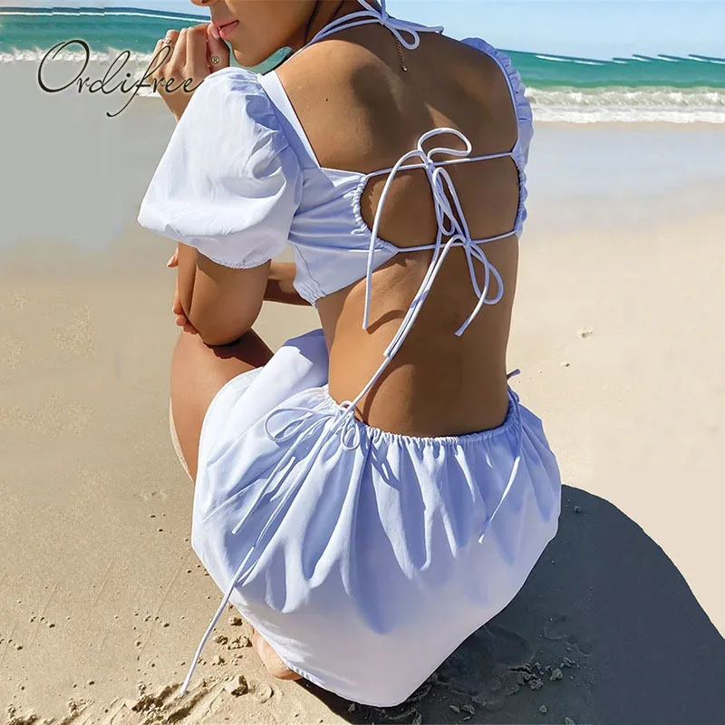 Lato Lace Up Krótkie Kobiety Sexy Backless White Sundress Black Mini Beach Dress 210415