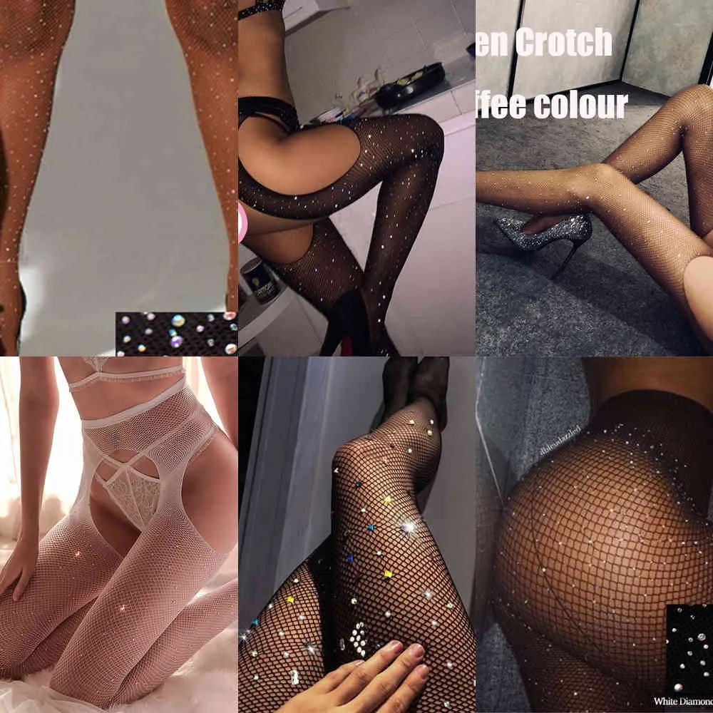 Tights With Rhinestone Sexy Women Stockings Fishnet Pantyhose Shiny Stockings Diamond Carnival Hosiery Femme Collant Glow SW176 X0521