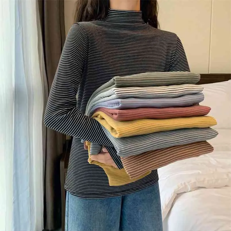 한국어 스타일 스트라이프 얇은 탑 높은 목 바닥 tshirt 여성 가을 ​​모든 일치 슬림 학생 긴 소매 티셔츠 여자 210517