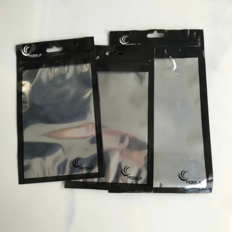 Universal Mobiltelefon Väskor Tjockad Svart Aluminium Folie Transparent Mobiltelefonväska Zipper Förpackning Väska för Samsung Smartphone Skal Skal