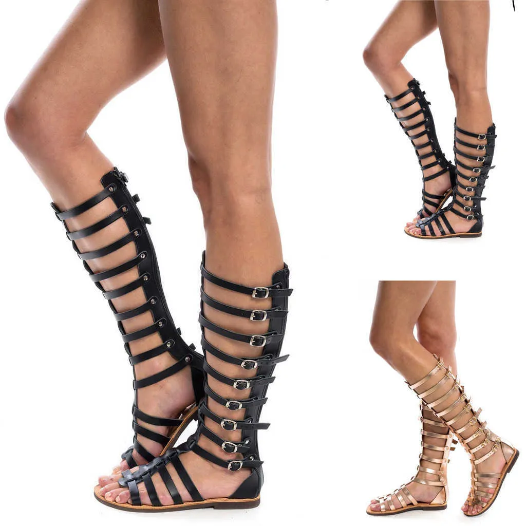 Lato Roman Styl Sandały Kobiety Mieszkania Kolano Wysokie Buty Retro Buty Sandały Ladies Moda Casual Sandalias Cuero Mujer Planes Y0721