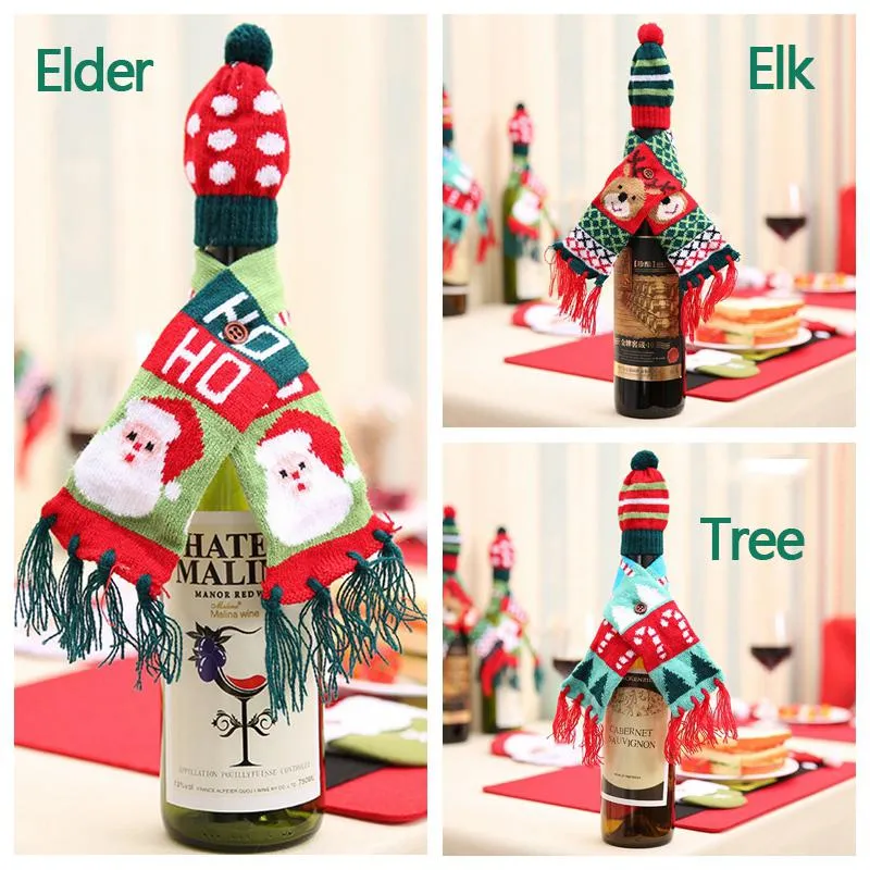 Christmas Mini Hat Scarf Set Wine Bottle Decoration Santa Claus Cap Xmas Cartoon Elk Knitted Tassel Scarves Beer Bottles Decor BH4937 WLY