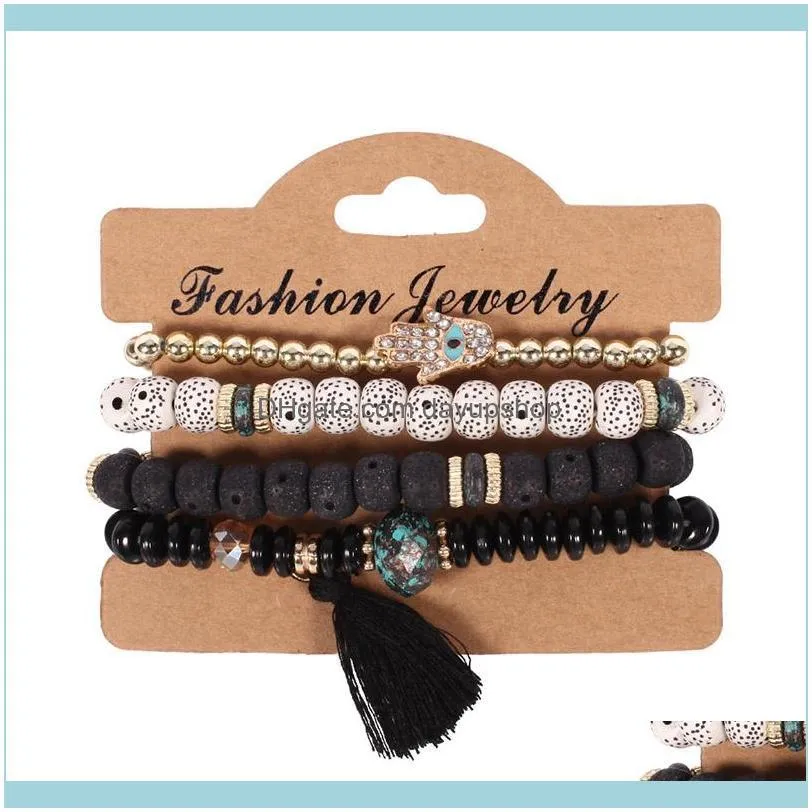 New Arrival Adjustable Big Vintage Multilayer Beads Pearl Bracelets Set Ethnic Style Tassel Hamsa Hand Bangles Bracelets For Women
