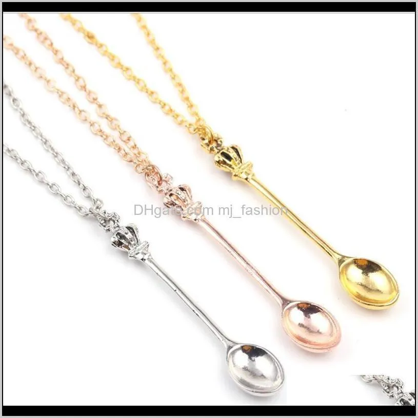 charm tiny tea spoon pendant necklace with crown necklace 3 colors creative mini long link jewelry spoon ps0795