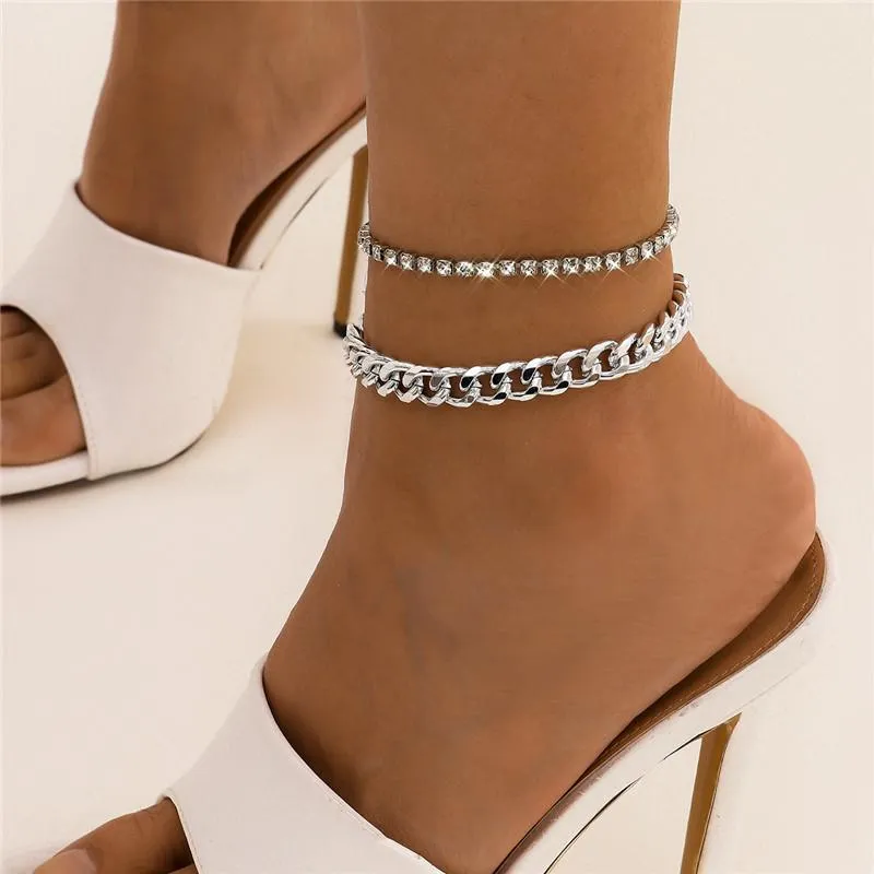 Anklets 2st / set guld silver färg kristall kedja justerbar anklet uppsättning för kvinnor tjej dubbel tassel fot kedjor party smycken