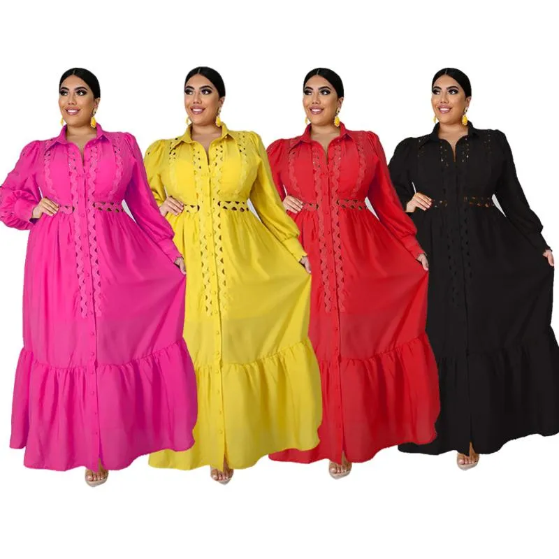 Odzież Etniczna Luźne Eleganckie Afryki Maxi Sukienki Kobiety Collar Collar Latarnia Rękaw Hollow Out Design Long Robe Damska Vestidos Party