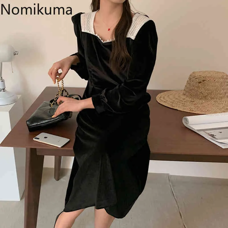 Nomikuma retrô veludo mulheres vestido laço retalhos quadrados colarinho manga comprida vestidos outono slim cintura elegante vestido 6c061 210427