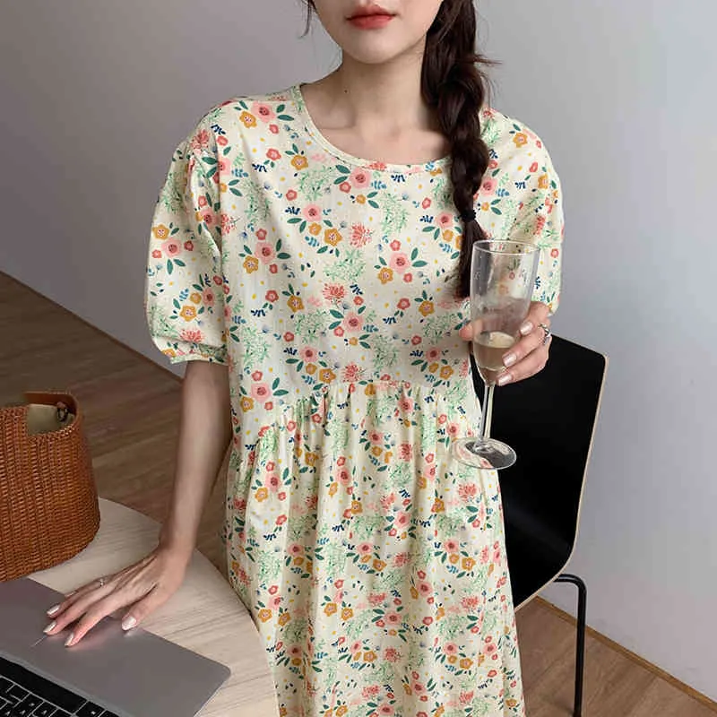 Summer Light Blue Fashion Casual Elegant Simple Small Fresh Floral Round Neck Puff Sleeve Dress Women 16F1099 210510