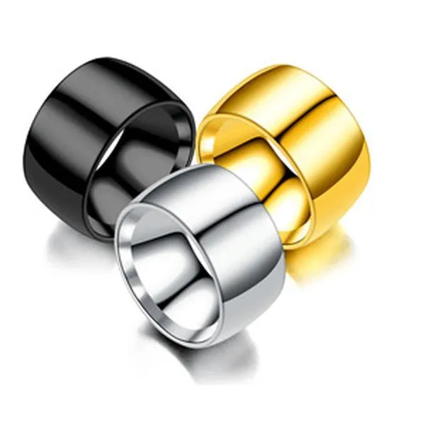 Rostfritt stål bred 12mm Blank ringband Finger Thumb Black Gold Ringar för män Kvinnor Mode Smycken