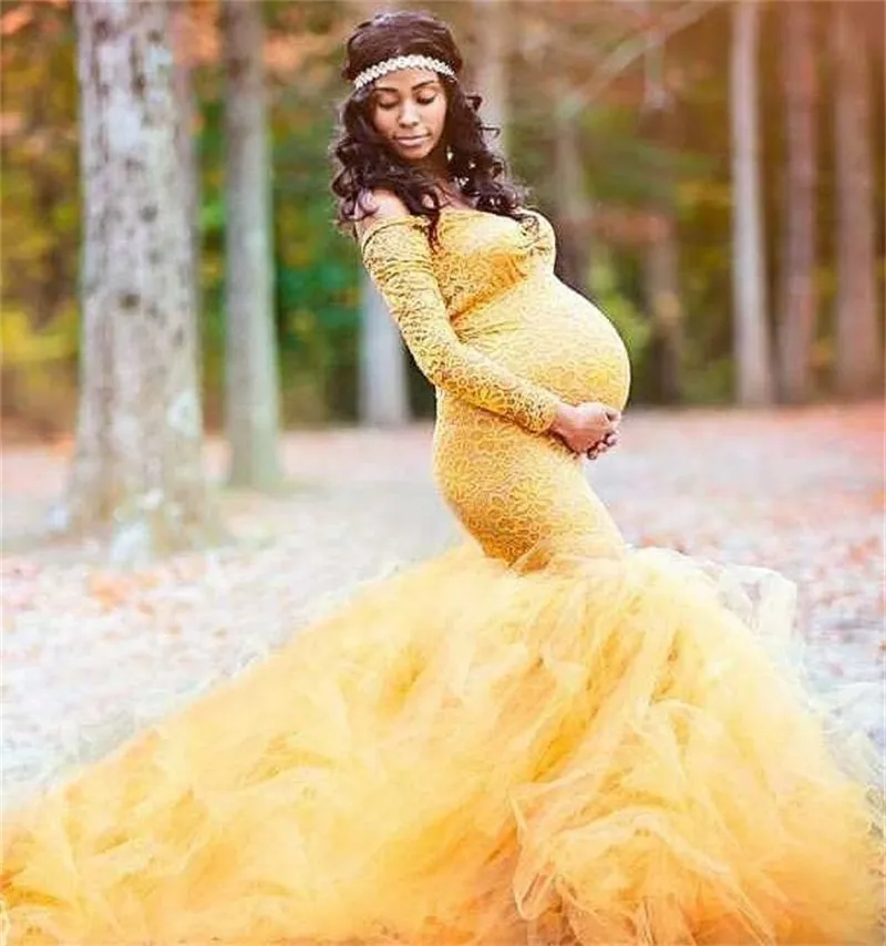 写真撮影妊娠中の女性ドレス787 S2のためのレースの肩のない妊娠のドレスの写真撮影長袖メッシュマテリアルマキシガウン