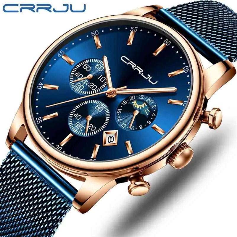 Relogio Masculino Crrjuの高級クォーツ時計男性の青いダイヤル時計スポーツ時計クロノグラフ時計メッシュベルト腕時計210517