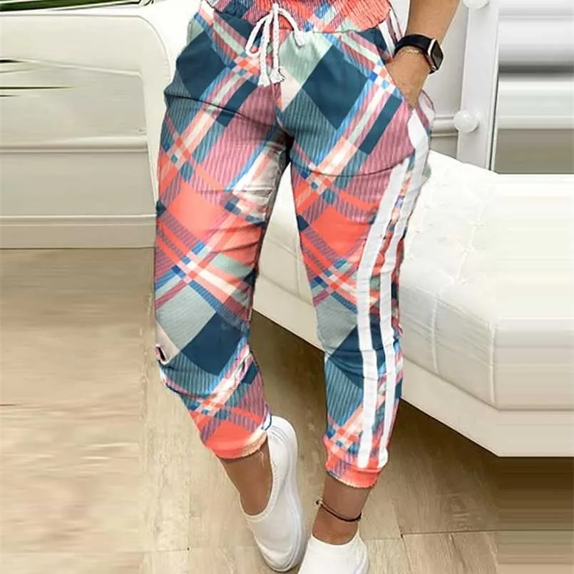 Kadın Moda Rahat Pantolon Pantolon Colorblock Ekose Baskı Kargo Pantolon Sonbahar Moda Cep Tasarım İpli Rahat Pantolon 211112