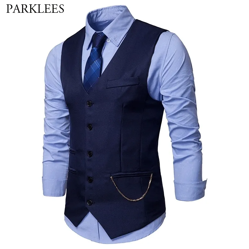 Mens Slim Fit Single Breasted Suit Vest Chaleco Hombre Fashion Chain Ärmlös Waistcoat Men Formell Bröllopsklänning Västar 210522