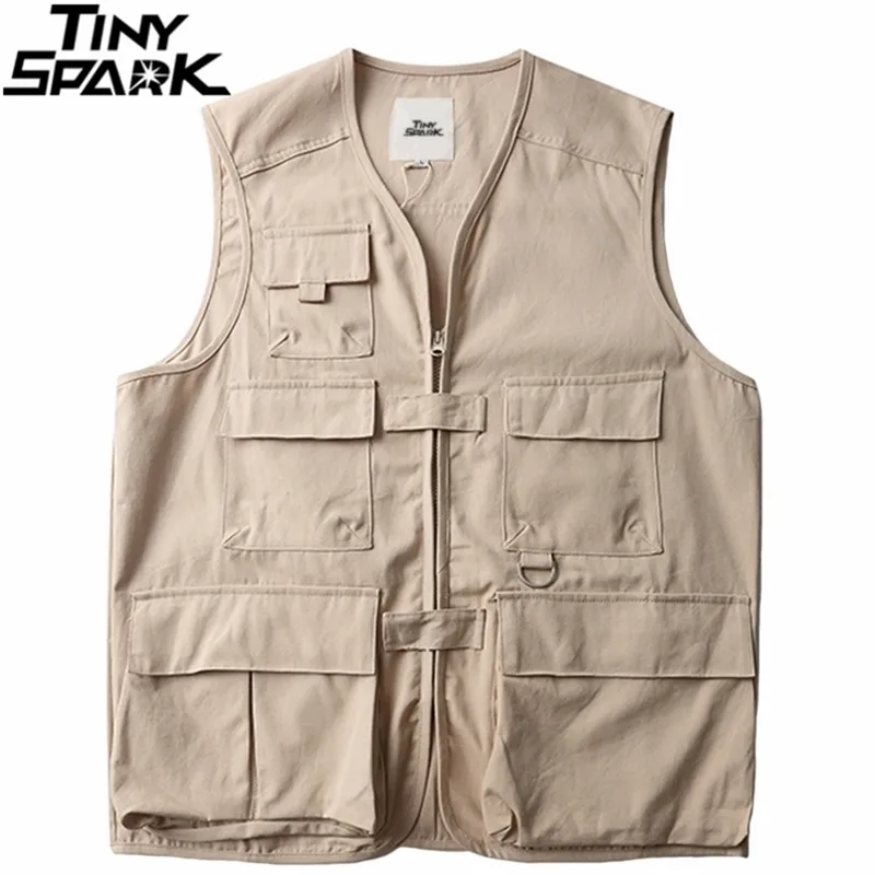 Kurtki bez rękawów Wojskowy Tatical Cargo Vest Mens Harajuku Streetwear Multi Kieszenie Hip Hop Waistcoat Japan Style 210811