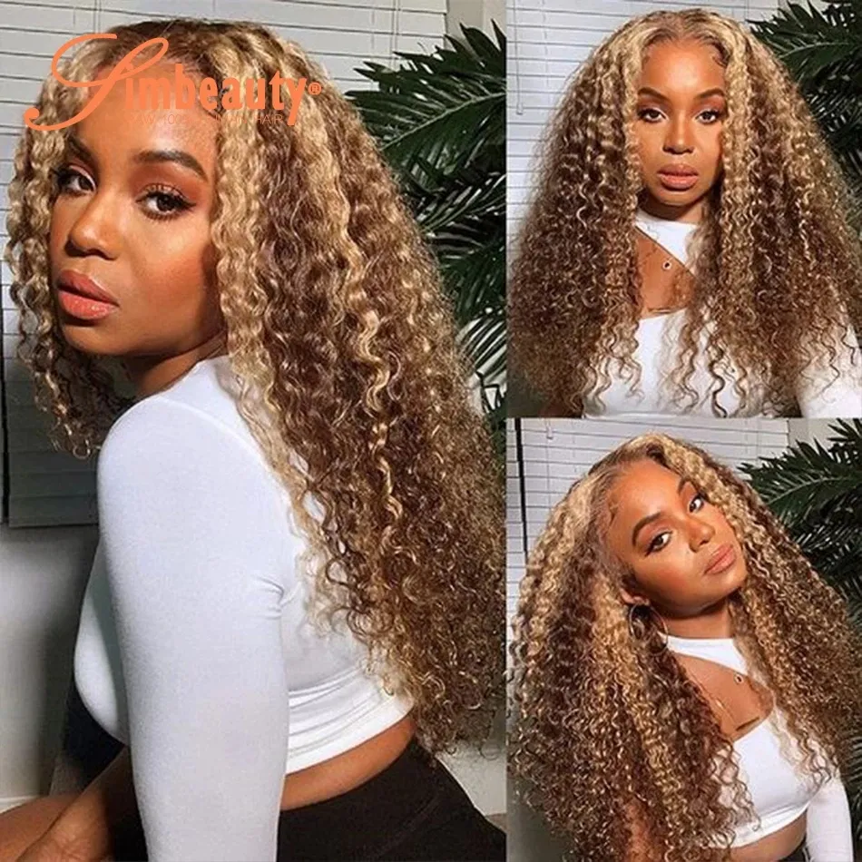 Couleur ombre Couleur Sights Cliky Curly Lace Front Perruques de cheveux humains Remy Hair Mélanger Brown Honey Blonde 13x4 HD Lacets transparents Perruques