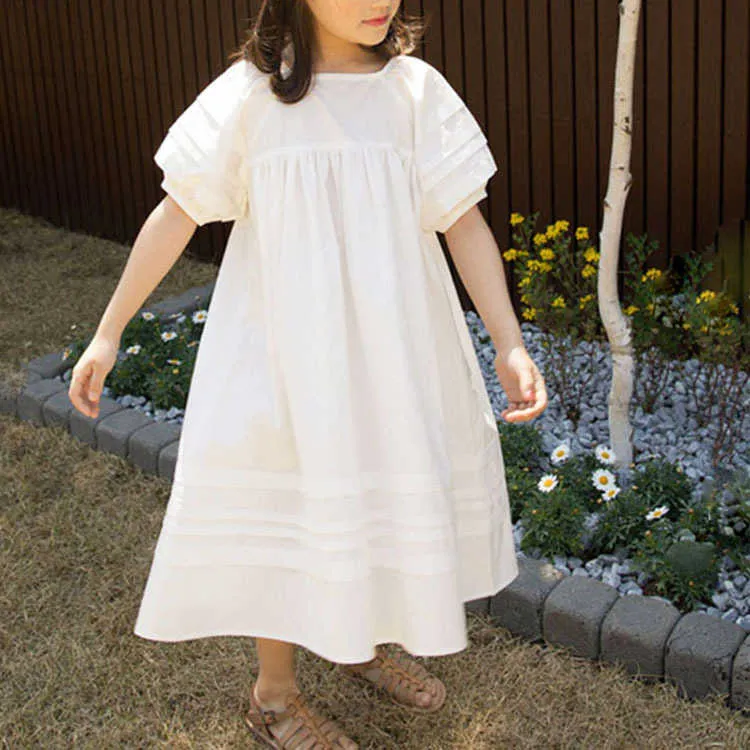 Koreanska toddler tjej sommar vintage tutu klänning prinsessa vita klänningar barn tjejer kort ärm klänningar baby mode tjejer kläder Q0716