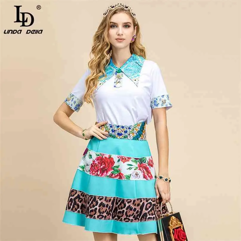 Mode Runway Skirt 2 Pieces Set Kvinnors Eleganta Kortärmad Vit Blus och Blomma Leopard Print Suit 210522