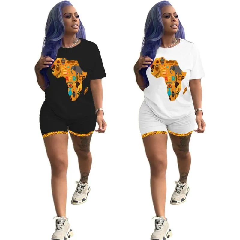 Mulheres impressas Mapa Africano de duas peças Round-pescoço de mangas curtas T-shirt e shorts Set - The Summer Fashion Tracksuit 2021 Tracksuits