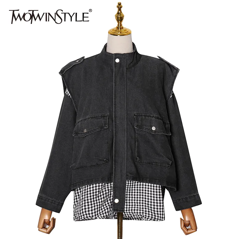 TWOTWINSTYLE Casual Patchwork Plaid Denim Veste Pour Femmes Revers À Manches Longues Lâche Coréen Vestes Femme Mode Vêtements 210517