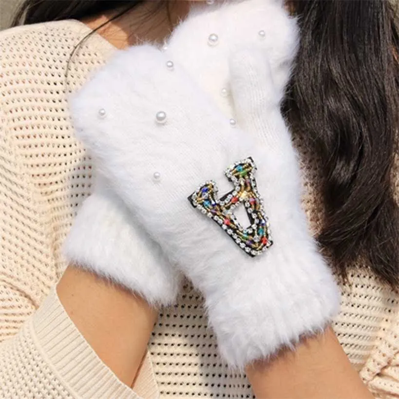 Femme Women Winter Gloves Colorful Crystal Decoration Girls Rabbit Fur Female Warm Soft Women's Mitten Guantes Mujer 220113