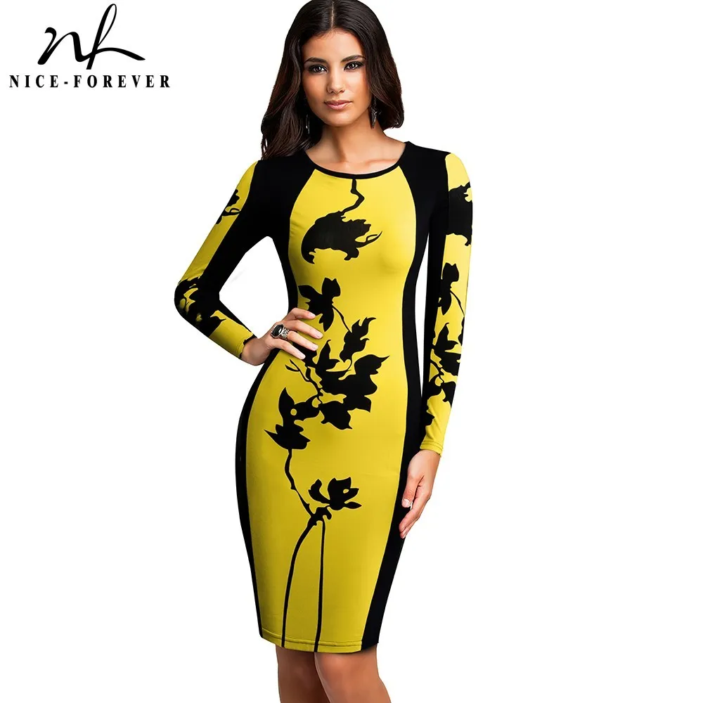 Nice-Forever Autumn Women Fashion Contrast Färg Patchwork Dresses Party Bodycon Fitted Slim Dress 346 210419