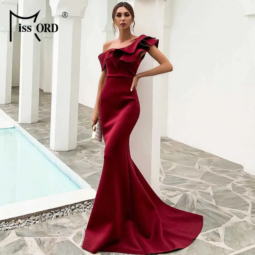 Missord Women Summer One Shoulder Party Dress Evening Backles Ruffles Celebrity Maxi Slash Neck Long Dresses Pure White 210721